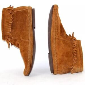 Minnetonka 282 Women's Brown Suede Fringe Ankle Boots Hard Sole Sz 7 Zip Closure